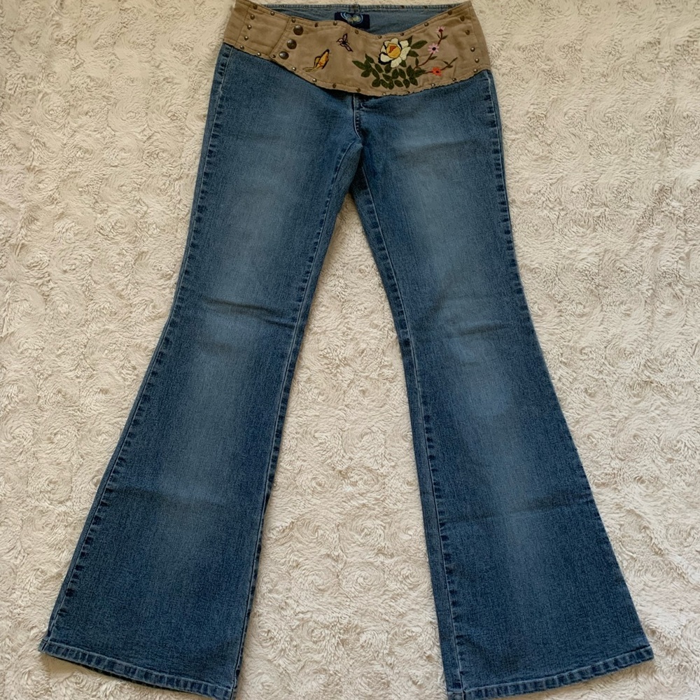 Bell Bottoms Angles 2000s Floral Wide Leg Flare Light Wash Jeans Floral Leather